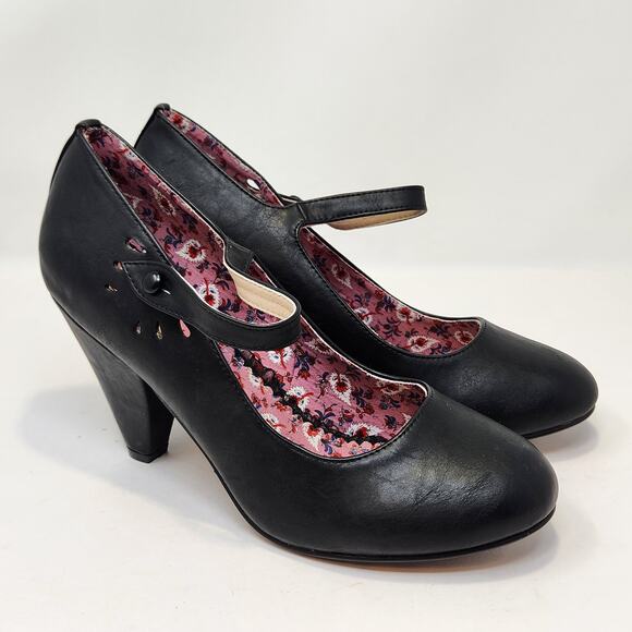 Bettie Page Shoes by Ellie Black Leather Mary Jane Pumps Heels Size 10 Pinup. - Picture 1 of 9